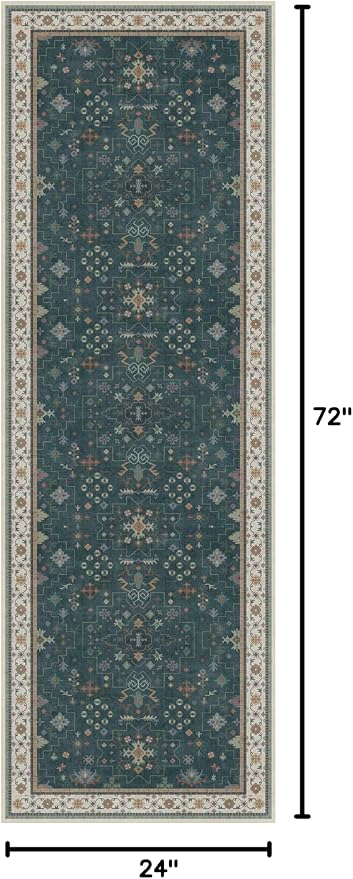 Dark Green 2x6 Kitchen Rug - Modern Vintage Boho Eclectic Floral with Brown Accent, Washable Low Pile Non-Slip Runner Rugs for Bathroom, Door Mat Indoor Entrance, Hallway, Bedroom, Laundry