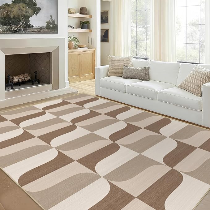 Area Rug 5x7 Modern Geometric Rug Neutral Beige Brown Abstract Mid Century Modern Rugs for Living Room Machine Washable Non-Slip Printed Low Pile Indoor Carpet for Bedroom Dining Room Office