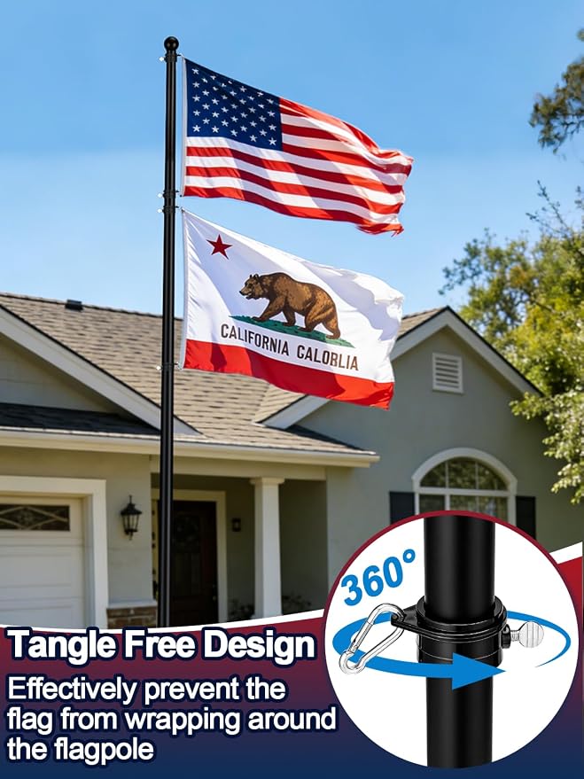 2 Pack 10ft In Ground Flag Pole for Outside House - Fit for 2 Flags Extra Thick Flag Pole Kit with 5 Prongs Base, Windproof Ground Flagpoles for Residential Small Medium Lawn Temporary Event