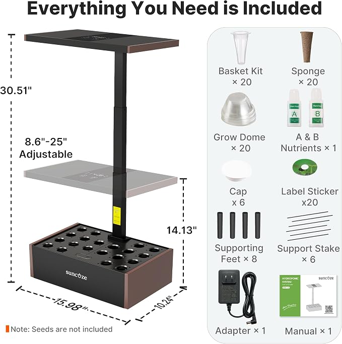SUNCOZE Smart Hydroponics Growing System, 20 Pods, 25 in Adjustable Height | Indoor Herb Garden with 30W LED Grow Light, 10L Water Tank, Timer & Clock, Plants Germination Kit with Quiet Pump, Black