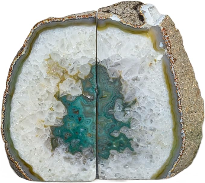 Nature's Decorations Green Agate Bookends – A+ Grade Geode Heavy Duty Decorative Stone Crystal for Shelves & Bookcases, Natural Polished Bookshelf Decor, 1 Pair 6-8Lbs