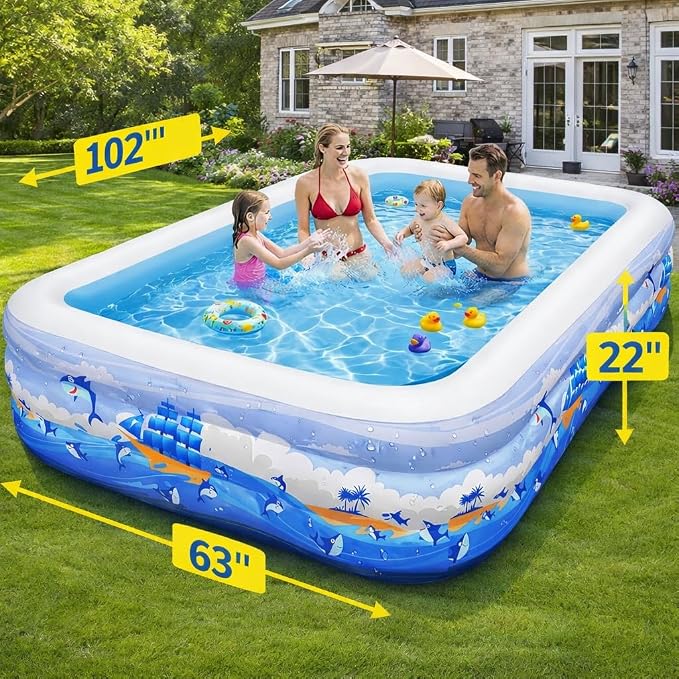 Nattork Inflatable Pool for Kids and Adults, 102" x 63" x 22" Family Full-Sized Inflatable Swimming Pool,Durable Thickened Above Ground Blow Up Pool for Kids Pools for Backyard Indoor Outdoor