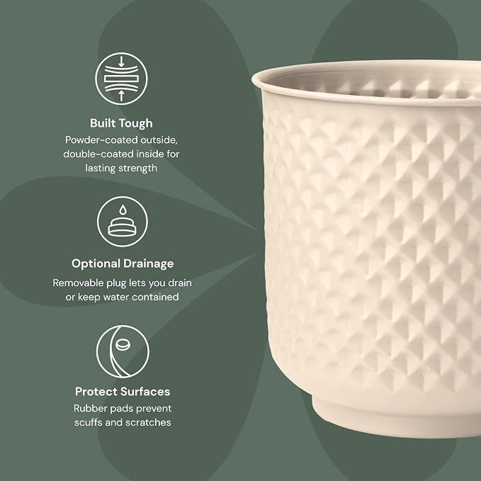 Bloem Prism Indoor Metal Cachepot Set - Includes 6", 8", 10" and 12" Decorative Planters with Powder-Coated Finish, Removable Drain Plugs, Cream