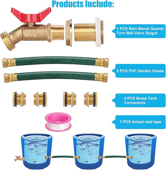 WADEO Rain Barrel Spigot - Brass Quarter Turn Ball Valve with Bulkhead Fitting, Two 12 Inch Hoses and Four Brass Fittings