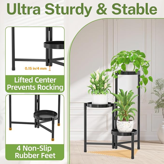iDavosic.ly Plant Stand Indoor Outdoor, 3 Tier Corner Metal Flower Display Holder Shelf, Folding Tall Orchid Rack for Patio Balcony Porch Garden Living Room House, Black