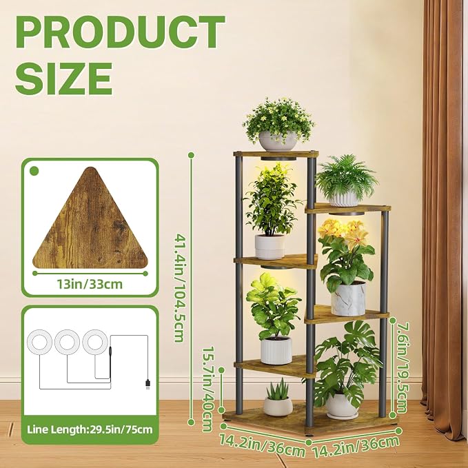 iDavosic.ly Tall Plant Stand with Grow Lights for Large & Heavy Duty Planters, 5 Tier Indoor Corner Flower Shelf with Wooden Trays & Metal Frame, Orchid Rack for Living Room Balcony, Black & Brown