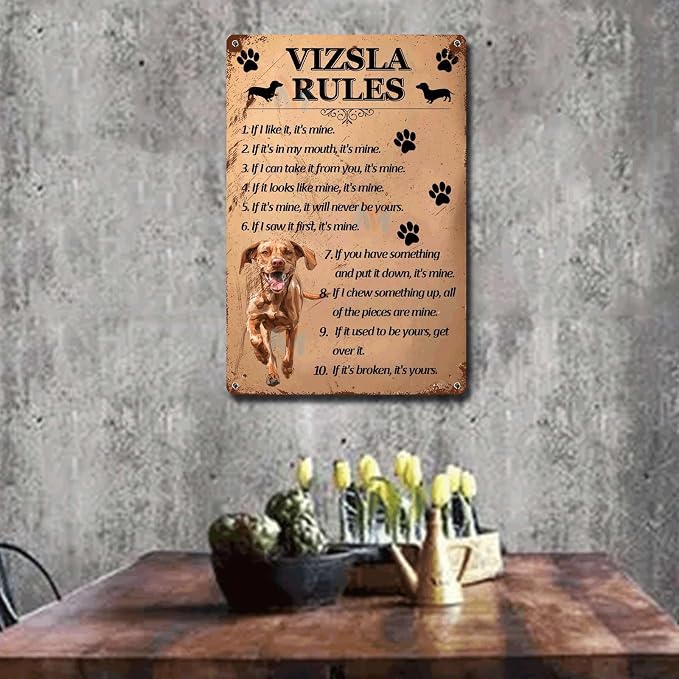 Metal Sign Tin Sign Vintage Wall Art Vizsla Rules Vintage Sign for Pub 8×12 Inches