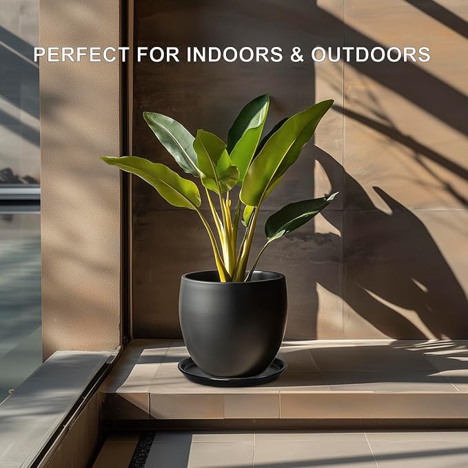 Plant Trays for Indoors No Holes - Ceramic Plant Saucers 12 inch Plants Water Catcher Trays Drainage Large Plant Pot Saucers Decorative Flower Pot Saucers 2 Pack Black