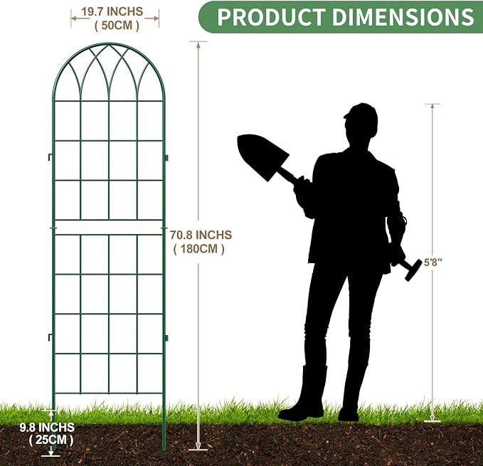 SUNYRISY 4Pack Metal Garden Trellis for Climbing Plants Outdoor, 71x20in Metal Plant Support for Flowers Tomato Cucumber Rose Vegetable Garden Courtyards Lawns Decoration, Green