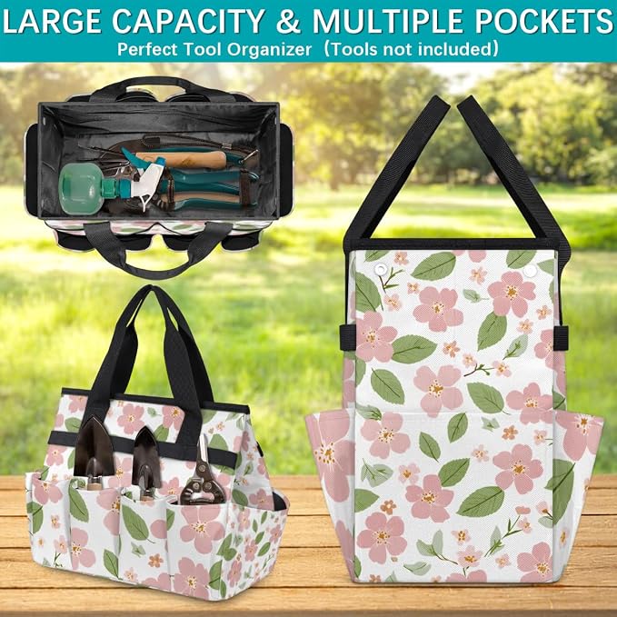 Garden Tote Bag with 10 Pockets Flowers Heavy Duty Gardening Bags for Tools Organizer Storage Bag with Handle for Garden Lawn Yard Casual
