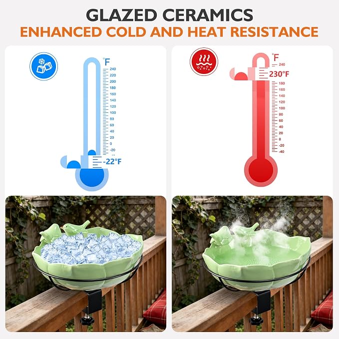 Glazed Ceramic Bird Bath for Deck Railing, 11 Inch Outdoor Bird Feeder Bowl with Adjustable Clamp, Easy Install Balcony/Patio Birdbath for Outside Garden Backyard Decoration, Green