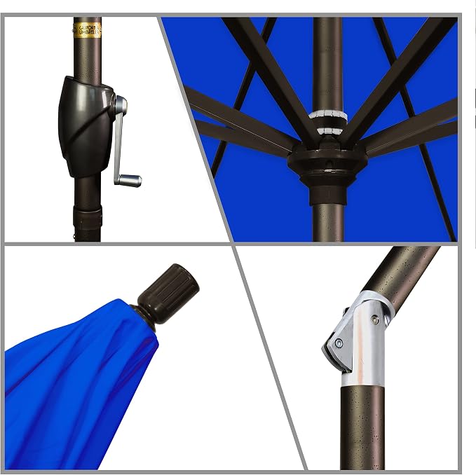 California Umbrella 9' Round Aluminum Market Umbrella, Crank Lift, Push Button Tilt, Bronze Pole