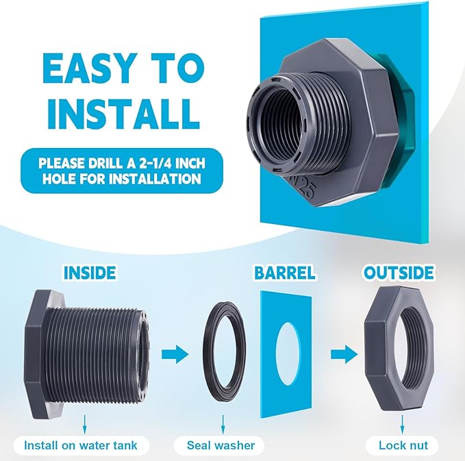 Bulkhead Fitting PVC Water Tank Connector Plumbing Pipe Threaded Bulkhead Fitting NPT for Rain Barrels, Water Tanks, Aquariums, Tubs, Pools(8 Pcs,1 Inch)