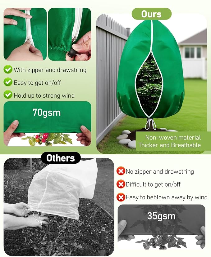 Winter Plant Covers Freeze Protection, 2 Pack Frost Covers (31.5" x 47.3"), with Zipper and Drawstring Reusable, 2.36 oz/yd² Frost Blankets for Outdoor Plants, for Potted Shrubs Fruit Trees