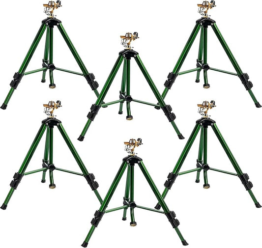 Hourleey Impact Sprinkler on Tripod Base, 6 Pack Heavy Duty Sprinklers for Lawn Yard Garden, 0-360 Degree Large Area Coverage, 3/4 Inch Connector Extension Legs Flip Locks with Brass Head