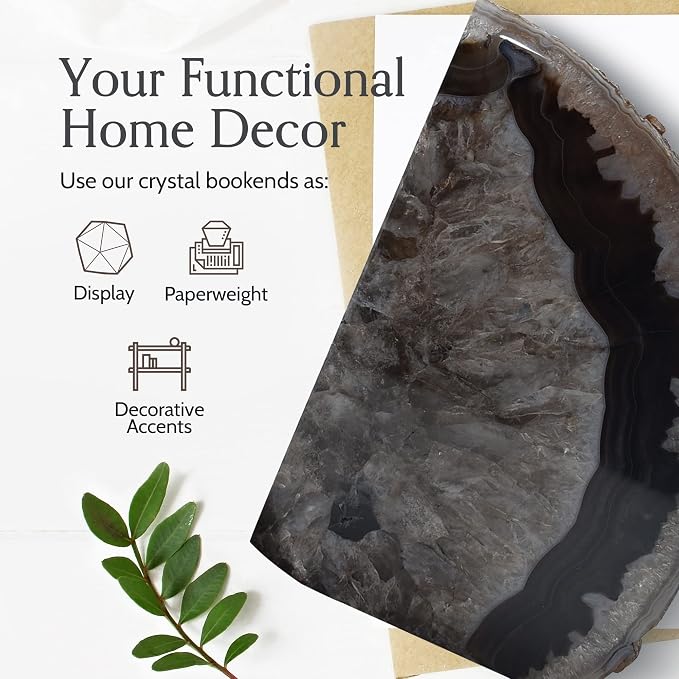 Nature's Decorations A Quality Black Agate Geode Bookends - Heavy Duty with Non-Skid Rubber Bumpers for Shelves, Office, Home Decor - Cool Crystal Stone (1 Pair 6-8 LB)