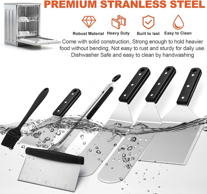 8Pcs Griddle Accessories Kit for Blackstone, Joyfair Flattop Grilling Accessory Tool Set with Stainless Steel Burger Spatula Turner, Metal Flipper, for Outdoor BBQ Teppanyaki Hibachi, (ABS Handles)