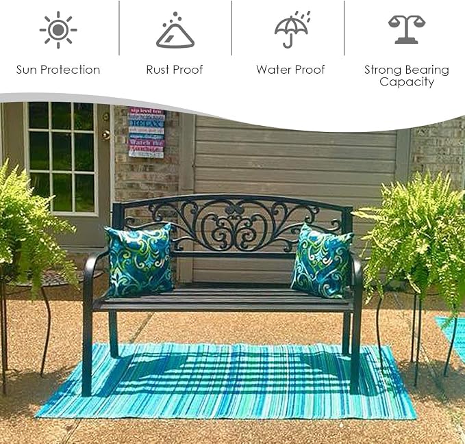 Giantex 50" Patio Garden Bench, Loveseats Park Yard Furniture, Black Steel Cast Iron Frame Chair, Metal Bench Outdoor with Floral Scroll Pattern