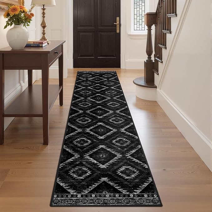 2'x8' Washable Area Rug for Living Room Runner Black | Soft Western No Slip Low Pile Print Foldable Indoor Small Rug for Kitchen entrance entryway hallway