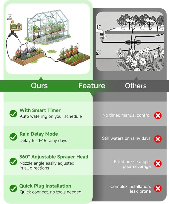 66FT Drip Irrigation System with Timer, Automatic Watering System Kit with Solid Brass Metal Connectors, 360° Dual‑Outlet Adjustable Nozzles for Garden, Yard, Lawn, Greenhouse & Potted Plants