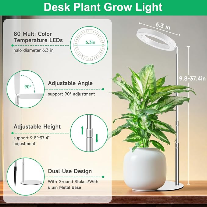 Aokrean 6.3in Halo Grow Lights for Indoor Plants, Full Spectrum with Base | 80 LEDs White 1-Pack, 2 Installation Ways, 9.8-37.4 in Height Adjustable, 3 Lighting Modes, Timer 6/12/16Hrs, 5 Brightness