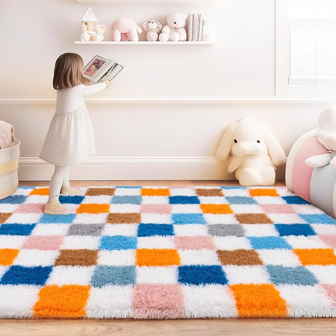 Checkered Rug 5x7 for Bedroom, Ultra Shag Large Rainbow Area Rug for Living Room, Modern Plush Soft Upgrade Non-Slip Fluffy Fuzzy Carpet for Kids Girls Room, Dorm Home Decor