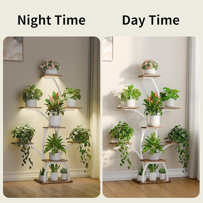 Plant Stand Indoor with Grow Lights, 6 Tiered Plant Shelf Indoor, 50" Corner Plant Stands for Indoor Plants, Lighted Tree-Shaped Plant Holder, Tall Flower Display Rack for Living Room, Patio（White)