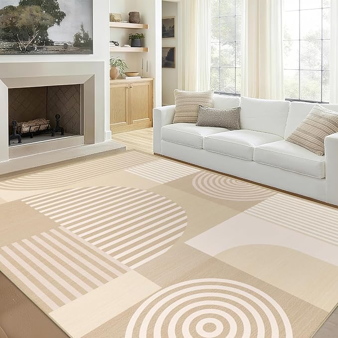 Area Rug 6x9 Living Room Beige Geometric Rug Machine Washable White Minimalist Mid Century Modern Area Rugs Non Slip Low Pile Large Dining Room Indoor Floor Carpet for Bedroom Office,Beige