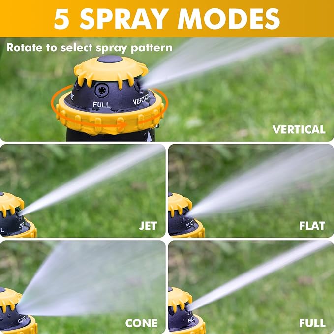 RESTMO Gear Drive Sprinkler with Metal Spike Base, 5-Pattern Heavy Duty Gardening Watering System, Multi-Adjustable Lawn Sprinkle for Garden Plant, Flower Bed and Large Yard Area Watering, Yellow