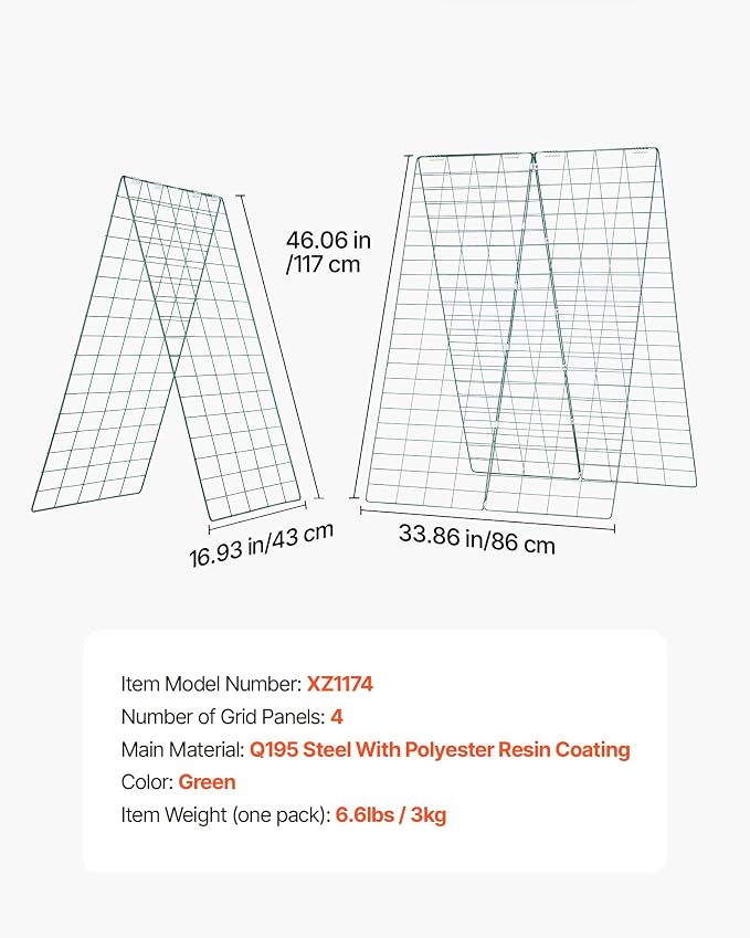 VEVOR Cucumber Trellis, 46" x 34" Foldable A-Frame Garden Trellises for Raised Bed, 4 Panels, Metal Rustproof Outdoor Climbing Plant Support with 2 Plant Bags for Vine, Peas, Beans, Tomato, Flowers