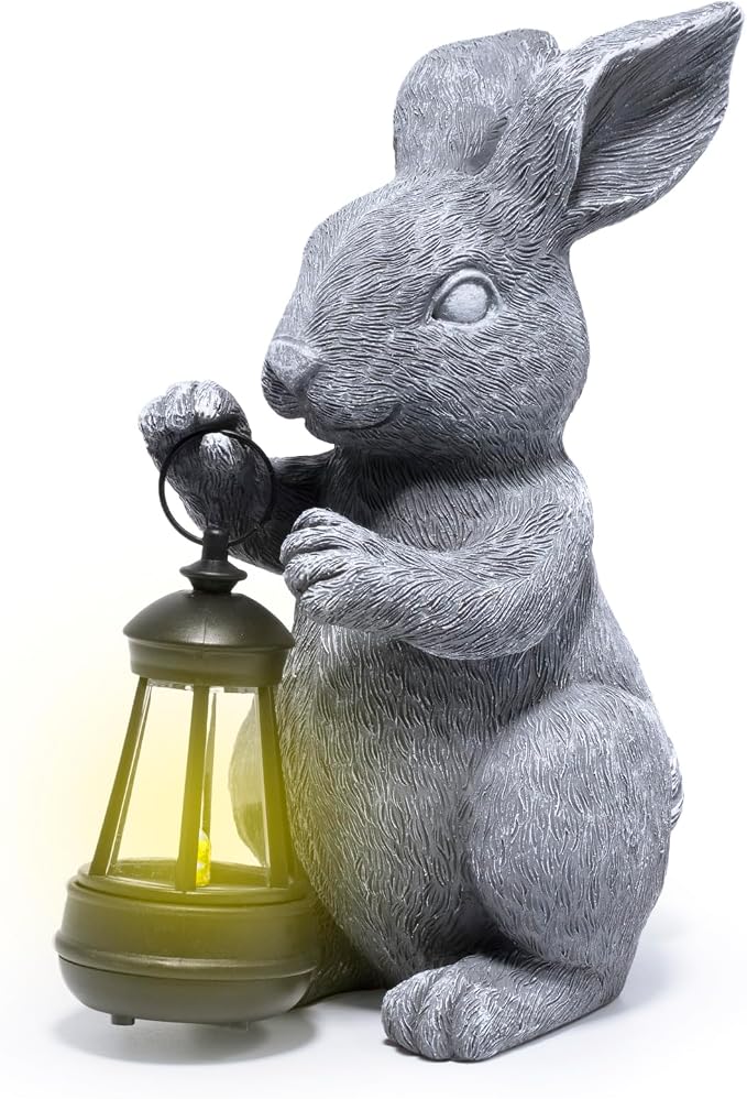 basen Outdoor Bunny Statue with LED Lantern, Battery Powered Resin Rabbit Garden Decor, Weather Resistant Gray Bunny Ornament for Lawn Yard Patio Outdoor Indoor Spring Easter Decoration