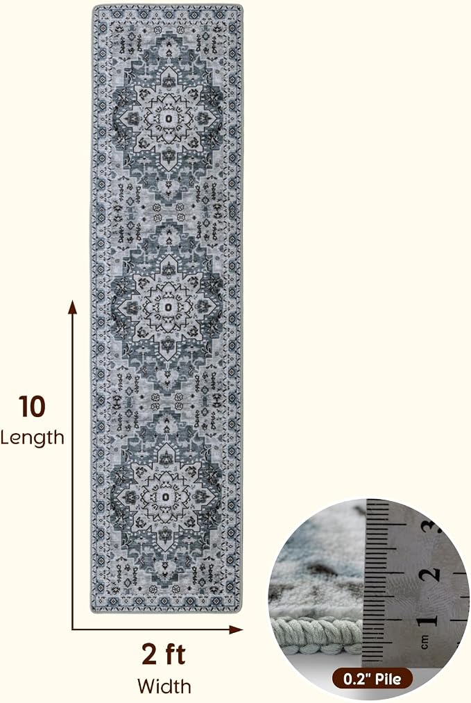 LBRO2M Machine Washable Rug Soft Pet Friendly Carpet 2X10 Dusty Blue | Persian Runner Rug 2X10 for HallWay, Bedroom, Kitchen, Laundry Room, Non Slip Carpet, Foldable Stain Resistant Rugs