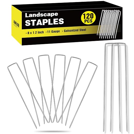 HongWay 120 Pack Landscape Staples 8 Inch, Galvanized Garden Stakes Tent Stakes Heavy Duty 11 Gauge Landscaping Fabric Pins Yard Ground Staples for Lawn, Turf, Fence, Outdoor Decorations