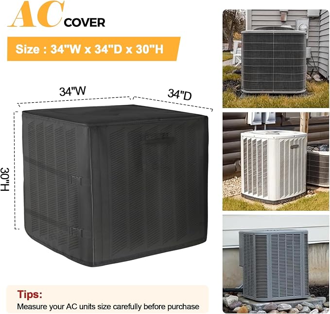 SUNICO Winter Air Conditioner Covers for Outside Units, 34x34x30in, Black | 3 Layers insulation waterproof cover, heavy duty 600D, antifreeze aluminum foil layer, snowproof, windproof buckle strap