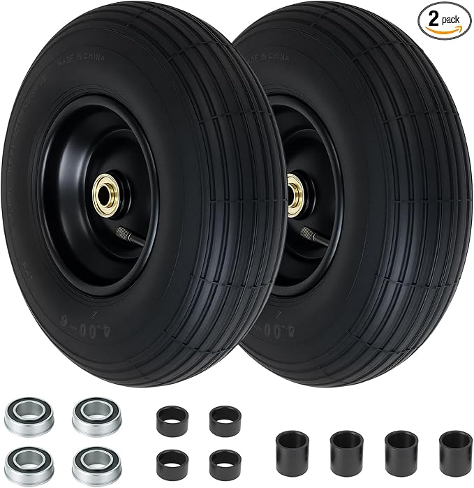 4.00-6 Pneumatic Tire, 13'' Tire and Wheel 330LB Load Capacity, 5/8” & 3/4” Bearings Included, 3.74"-4.74"-6.74"-7.74" Adjustable Centered Hub, for G orilla Carts, Dolly, Hand Trucks, 2 Pack