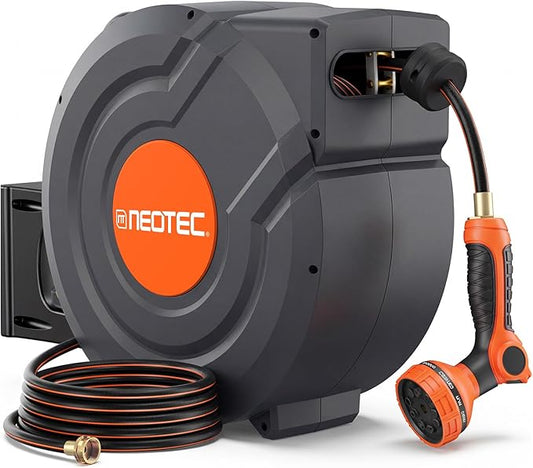 Upgraded Retractable Garden Hose Reel 5/8 inch x 100 ft Wall-Mounted 9 Pattern Nozzle Any Length Lock Automatic Slow Return 180° Swivel UV Resistant Heavy Duty Hose Reels for Outside