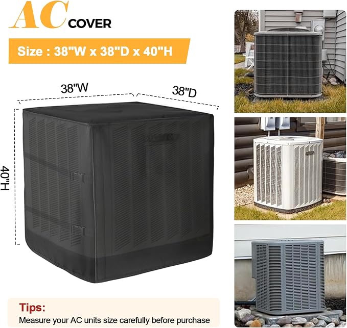 SUNICO Winter Air Conditioner Covers for Outside Units, 38x38x40in, Black | 3 Layers insulation waterproof cover, heavy duty 600D, antifreeze aluminum foil layer, snowproof, windproof buckle strap