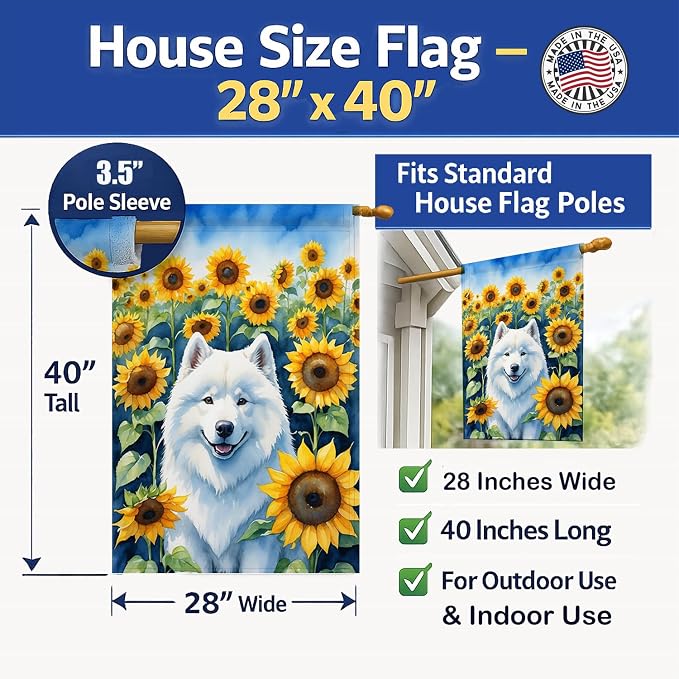 Caroline's Treasures DAC6154CHF Samoyed in Sunflowers House Flag Large Porch Sleeve Pole Decorative Outside Yard Banner Artwork Wall Hanging, Polyester, House Size, Multicolor