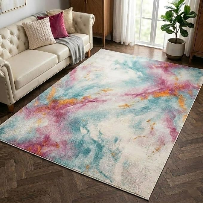 5x7 Pink and Blue Modern Abstract Watercolor Area Rug | Faux cashmere low-pile, washable non-slip foldable rug for living rooms, bedrooms and dining rooms.