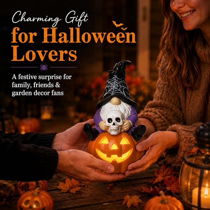 Solar Halloween Gnome Statue Outdoor Decor Lighted Pumpkin Garden Figurine | Halloween Yard Decoration for Patio Lawn Entryway Solar Gnome Statue Outdoor Decor Lighted Pumpkin Skull Garden Figurine