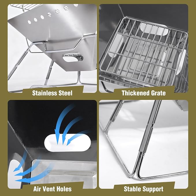 Portable Fire Pit with Grill for Camping, Heavy Duty Collapsible Foldable Fire Pit with Campfire Grill & Carry Bag for Outdoor, Backyard, Patio, Picnic, BBQ