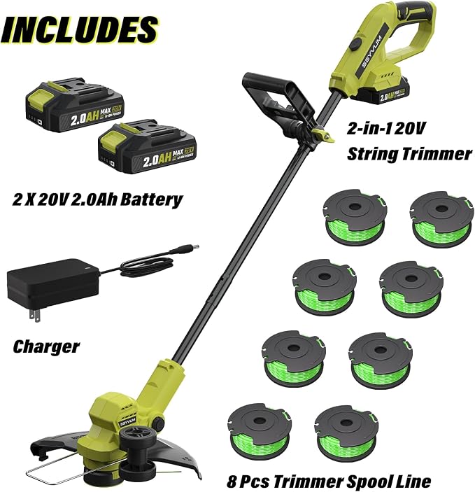 SEYVUM String Trimmer, 20V 12-inch Cordless Weed Wacker with Auto Line Feed, 2 X 2.0Ah Battery Powered Lawn Edger with 8 Pcs Grass Cutter Spool Line, Fast Charger Included