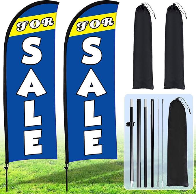 Buryeah 2 Set Sale Feather Flag 7 x 5.4ft Huge Sale Banner Flag Themed Flag with Pole Kit for Retail Store Outside Garden Business Advertising(Blue)
