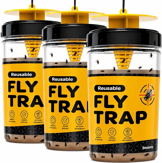 Outdoor Fly Trap [Set of 3] Fly Traps with Dissolvable Non-Toxic Bait - Fly Repellent for Outdoor Use Only - Controls Flies for Patios, Barns, Ranches Etc. Hanging Fly Traps with Tie Included