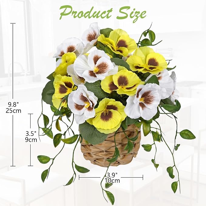 Briful Artificial Pansy Flowers in Baskets, 2PCS Realistic Fake Flowers for Farmhouse Table Decor, All Seasons Faux Indoor Flowers for Home Kitchen Living Room Dining Shelf Decor, White Yellow