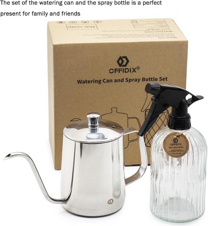 OFFIDIX Watering Can for Indoor Plants,Long Spout Metal Stainless Steel 21 oz Watering Can with 14 oz Glass Plant Mister Spray Bottle for House Plant Bonsai