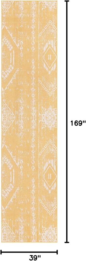 Unique Loom Outdoor Bohemian Collection Area Rug - Anthro (3' 3" x 14' 1" Runner, Yellow/ Ivory)