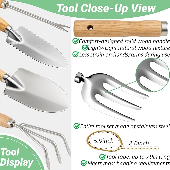 Garden Tools Set, Stainless Steel Gardening Supplies Kit, Gardening Kit, Garden Hand Tools with Fashion and Durable Storage Bag, Planting Tools, Ideal Gifts for Women & Men (10 Pieces)