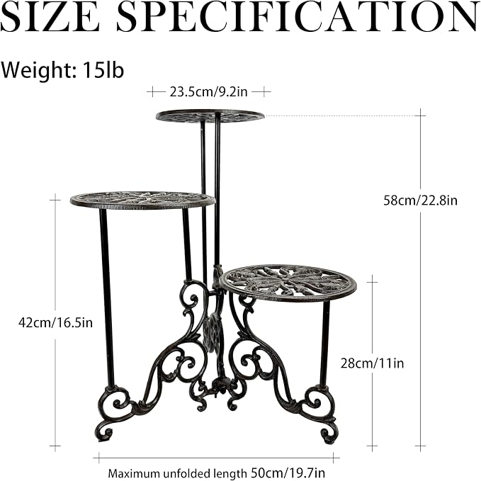 Cast Iron Plant Stand Indoor, 3 Tier Vintage Plant Shelf with Ornate Design, Heavy Duty Corner Plant Stand for House Decor, Ornament Display Stand for Plants
