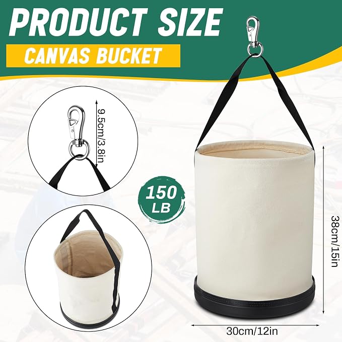 2 Pack Canvas Bucket 15" x 12" Heavy Duty Lineman Tool Bag with Plastic Bottom & Metal Hook Electrician Tool Organizer for Jobsite Use, Load Rated up to 150 Pounds (White)